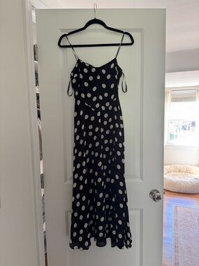 Black Polka Dot Midi Slip Dress with Spaghetti Straps